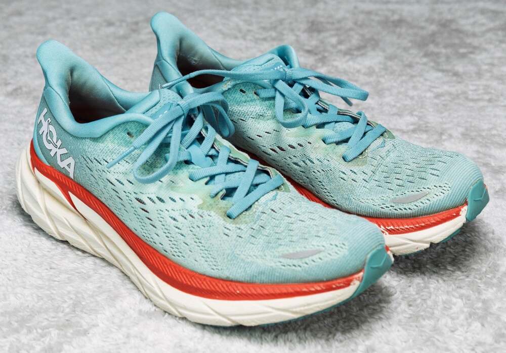 Hoka One Clifton 8 Blue Red Running Shoes Sneakers Womens Size 7.5